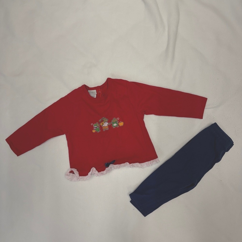 Carters 2-Piece Outfit Girls 18-24M Red Navy Bear Embroidery Fall Vintage Ruffle - Picture 1 of 13